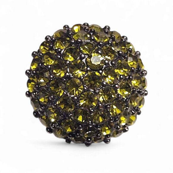 Vintage Citron Green Dome Stretch Ring, Metallic Graphite Black Stretch Band - Picture 2 of 5